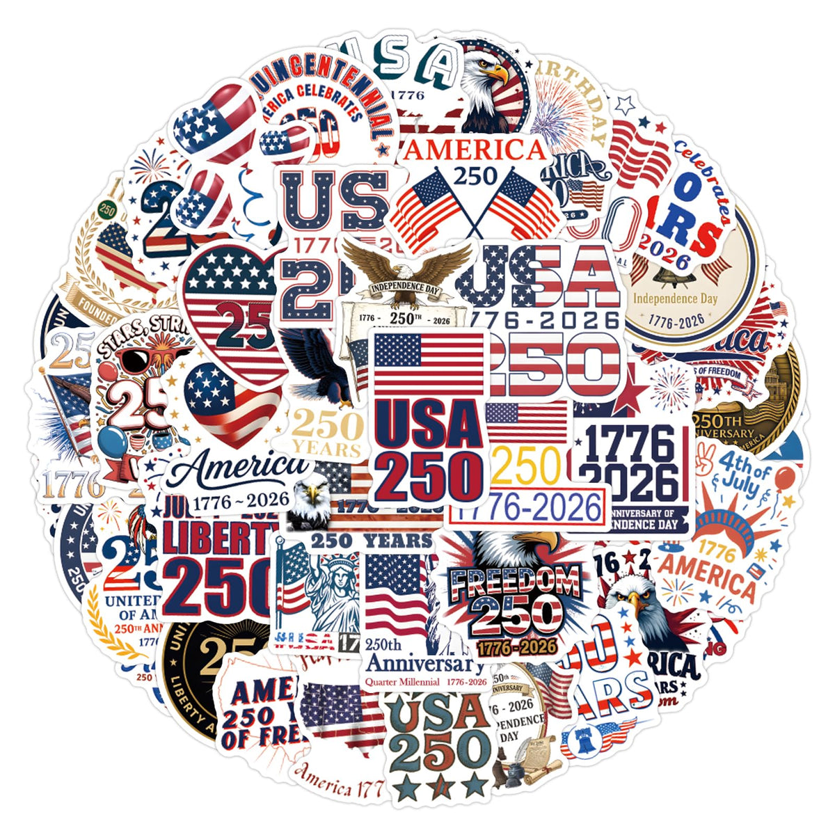 United States 250th Anniversary 50Pcs Vinyl Stickers – Waterproof Meme Pack for Laptops, Water Bottles & More