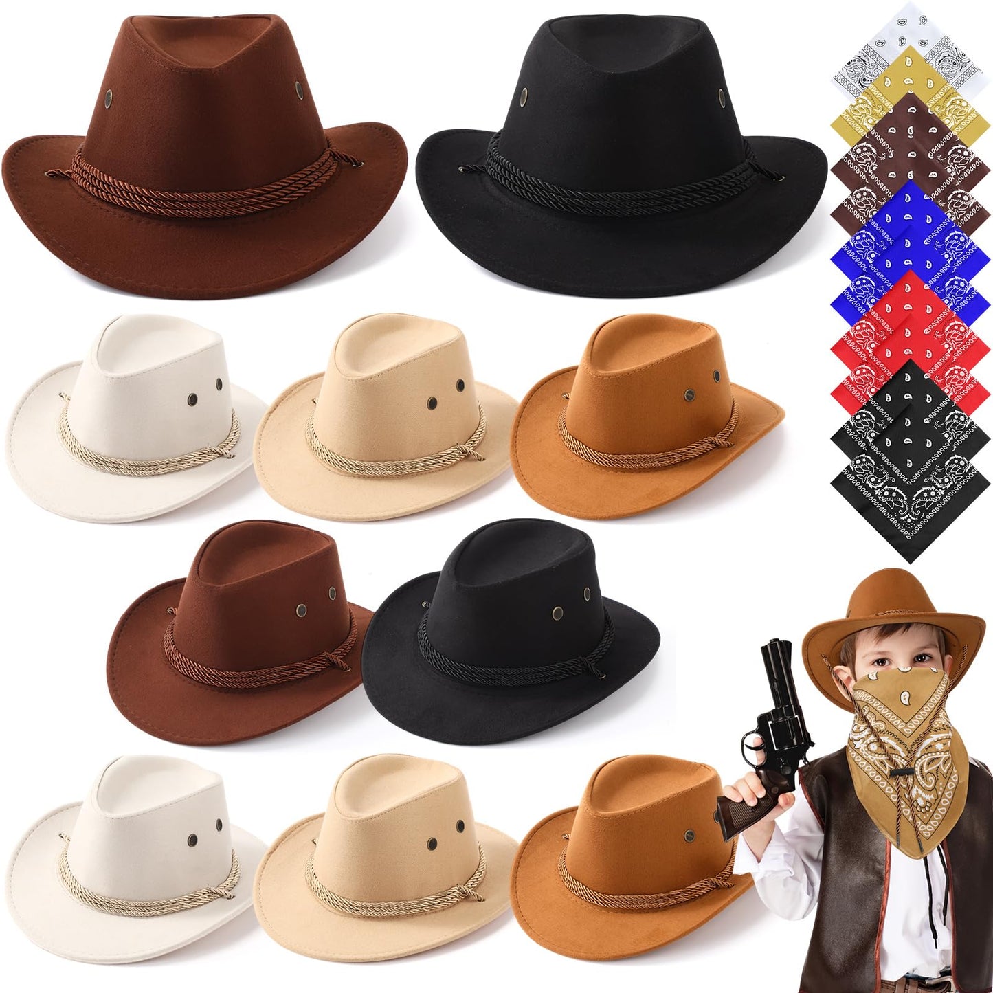 Unittype 20 Pcs Kids Cowboy Hats & Bandannas Set — Brown Series