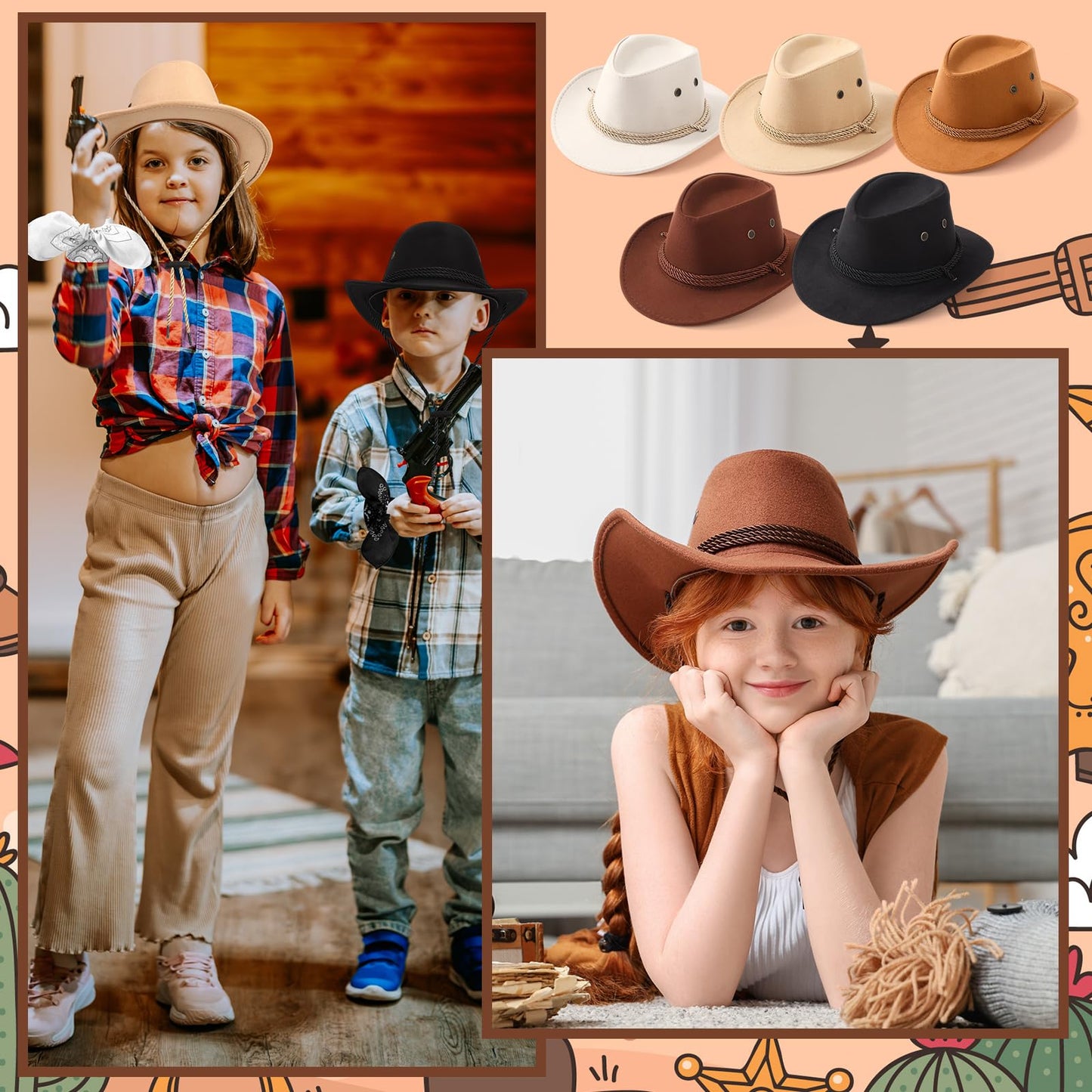 Unittype 20 Pcs Kids Cowboy Hats & Bandannas Set — Brown Series