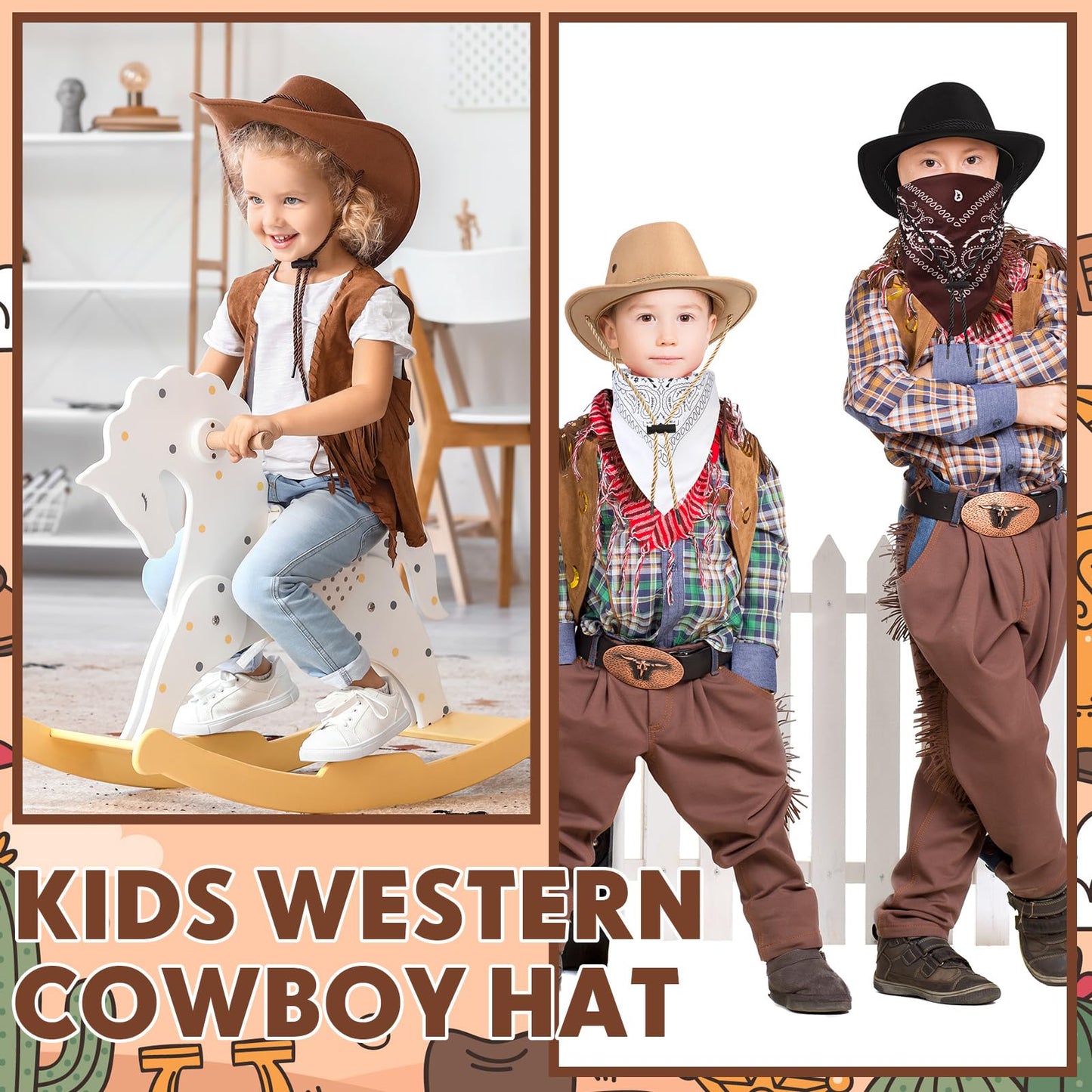 Unittype 20 Pcs Kids Cowboy Hats & Bandannas Set — Brown Series