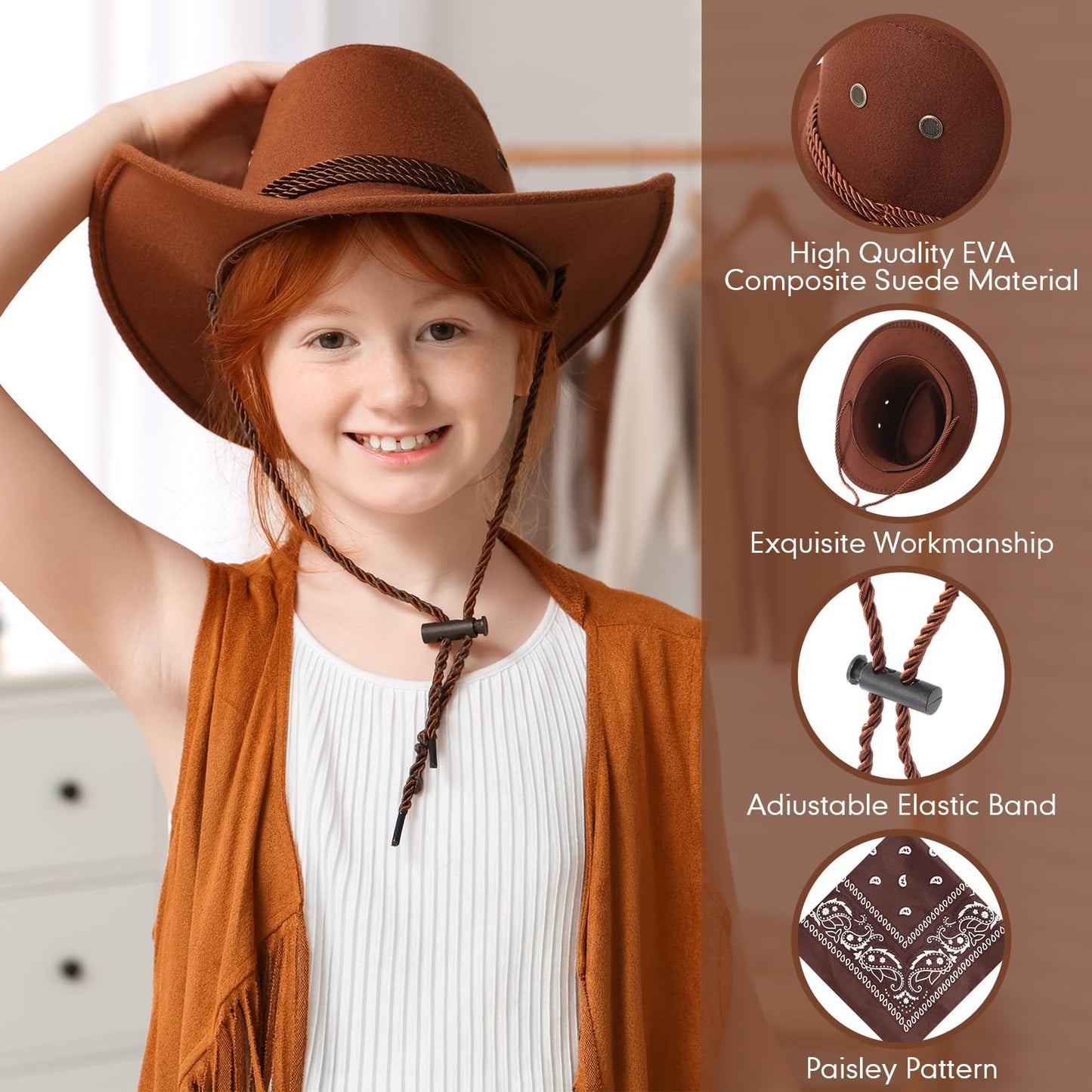Unittype 20 Pcs Kids Cowboy Hats & Bandannas Set — Brown Series