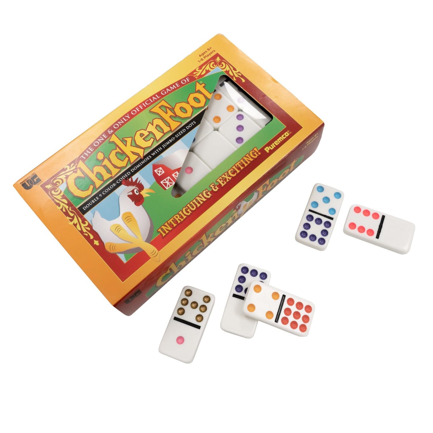 University Games Chicken Foot Double 9 Color Dot Dominoes – Professional Size, 1–8 Players