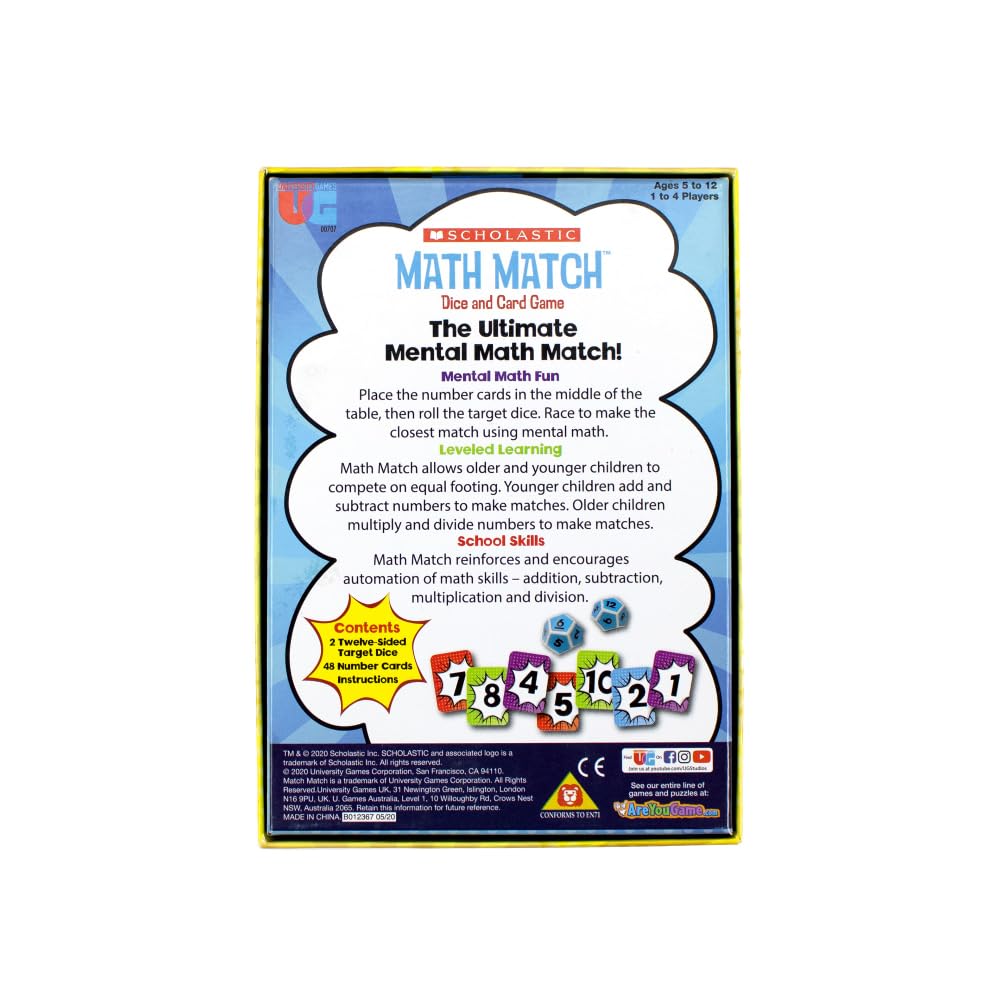 University Games Scholastic Math Match Travel Dice Game – Mental Math Reinforcement for Kids (Ages 5+)