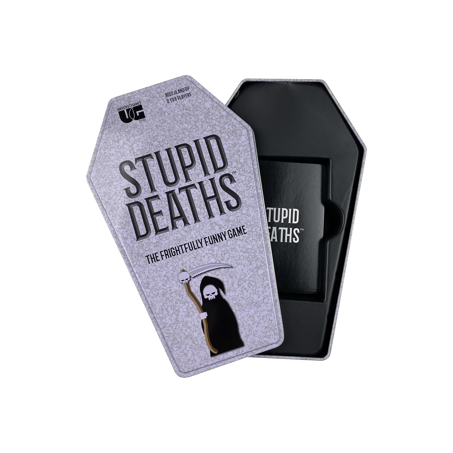 University Games Stupid Deaths Coffin Tin Game – Dark Fun Family Trivia for 2-6 Players