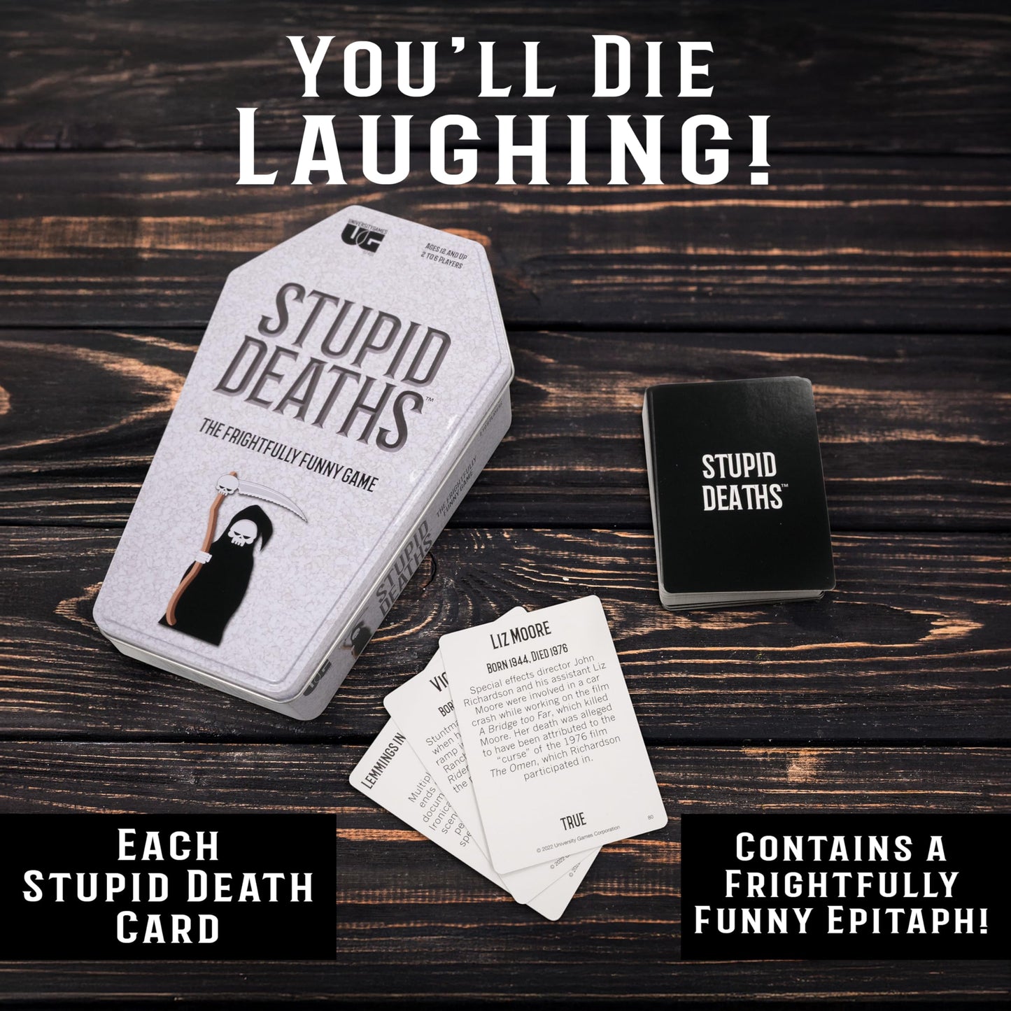 University Games Stupid Deaths Coffin Tin Game – Dark Fun Family Trivia for 2-6 Players