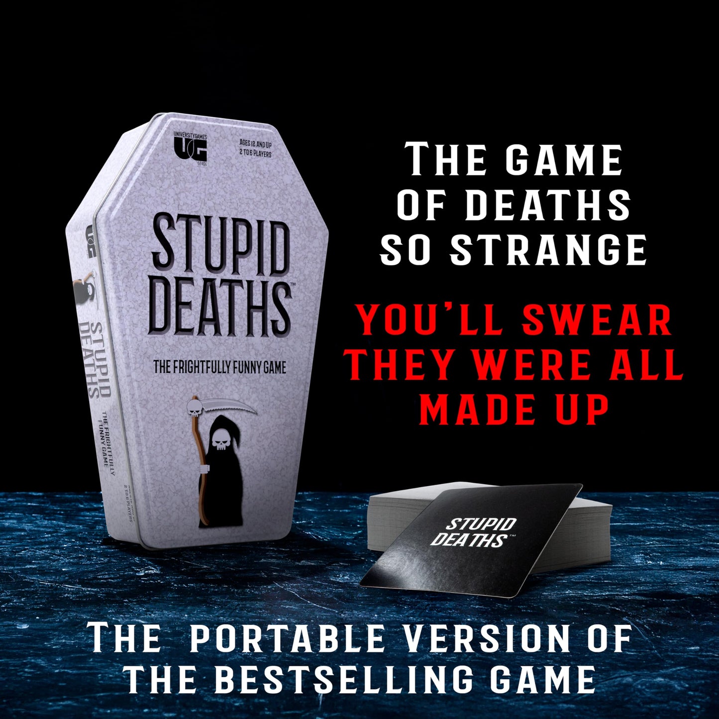 University Games Stupid Deaths Coffin Tin Game – Dark Fun Family Trivia for 2-6 Players