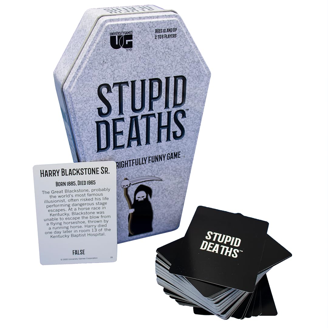 University Games Stupid Deaths Coffin Tin Game – Dark Fun Family Trivia for 2-6 Players