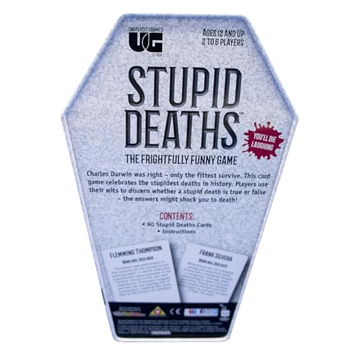 University Games Stupid Deaths Coffin Tin Game – Dark Fun Family Trivia for 2-6 Players