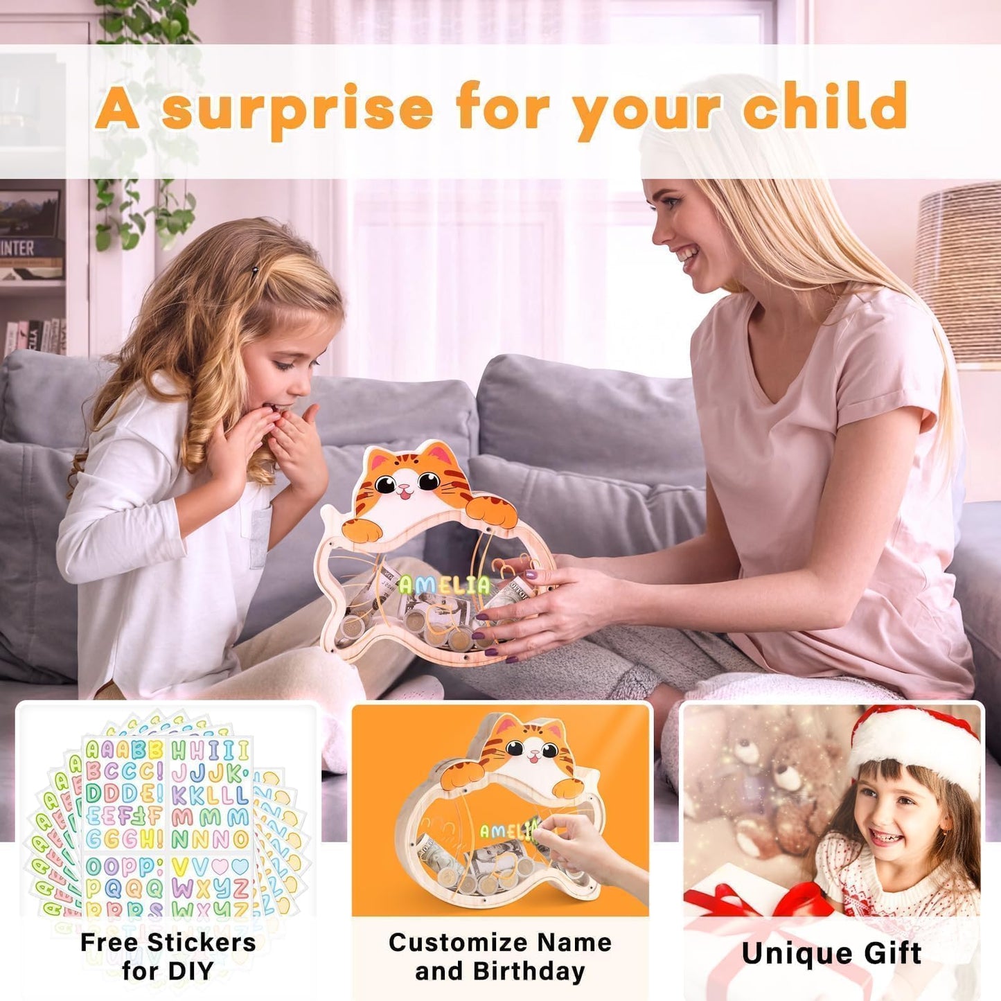 Uniwooder Wooden Cat Piggy Bank for Kids — Durable Money Box with DIY Stickers