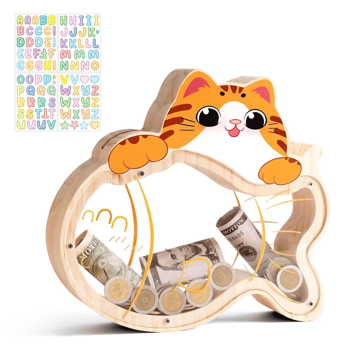 Uniwooder Wooden Cat Piggy Bank for Kids — Durable Money Box with DIY Stickers
