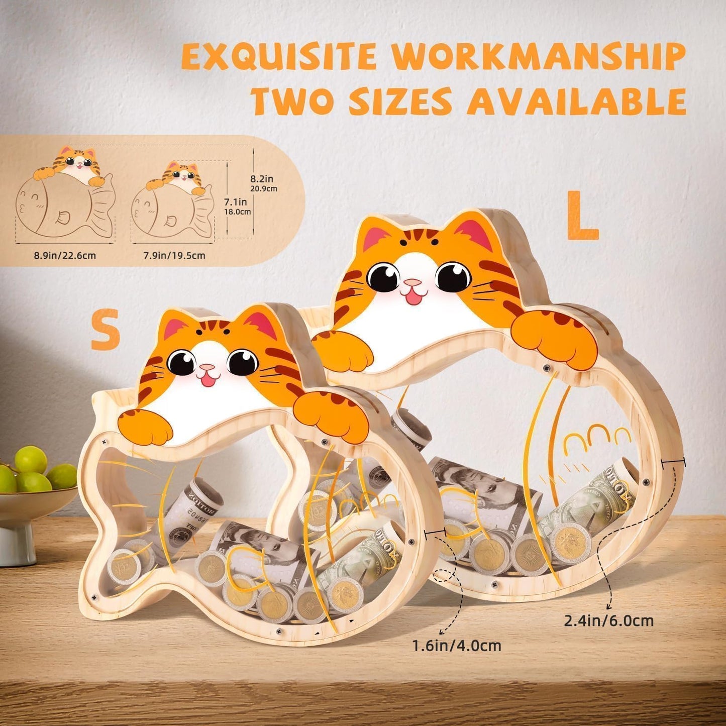 Uniwooder Wooden Cat Piggy Bank for Kids — Durable Money Box with DIY Stickers