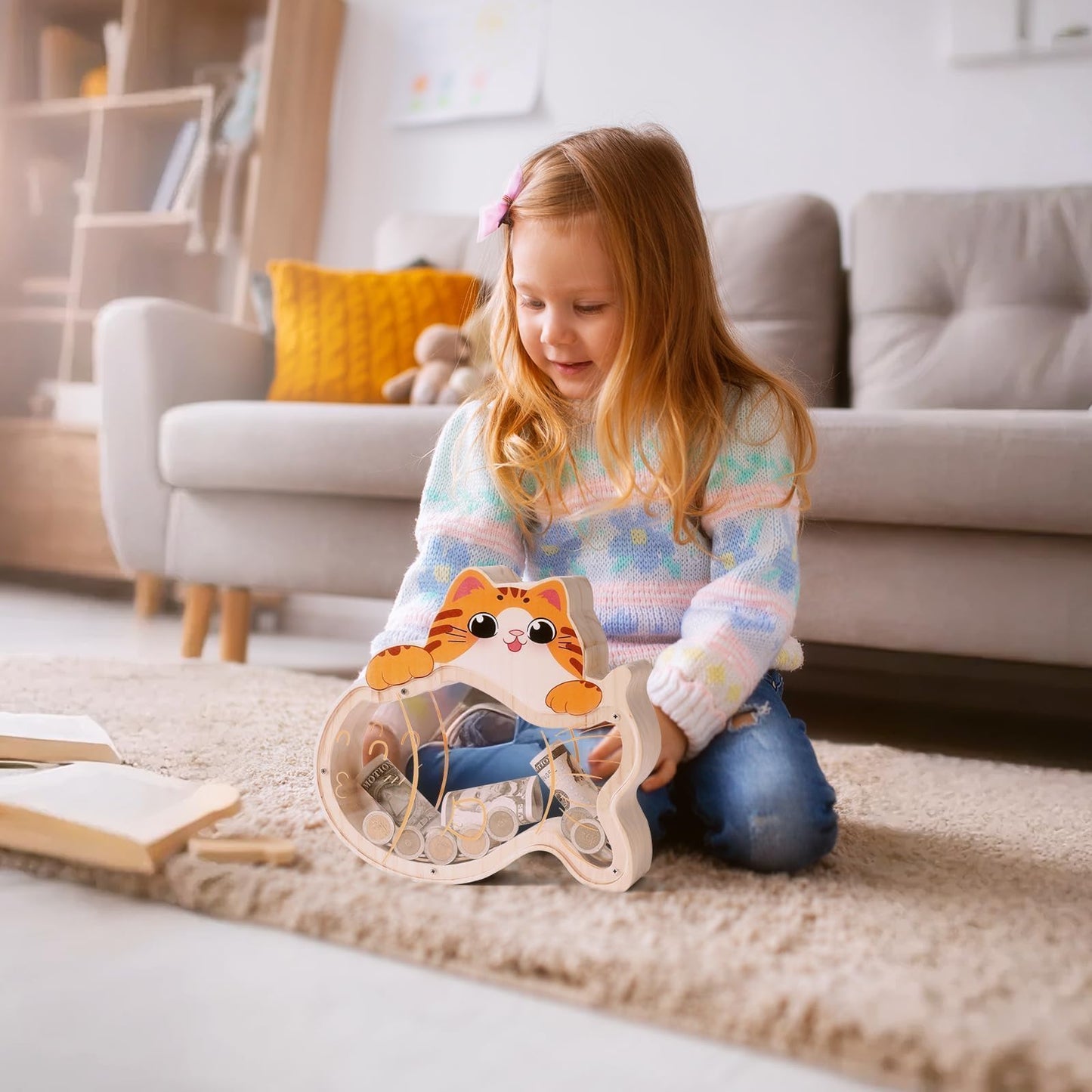Uniwooder Wooden Cat Piggy Bank for Kids — Durable Money Box with DIY Stickers