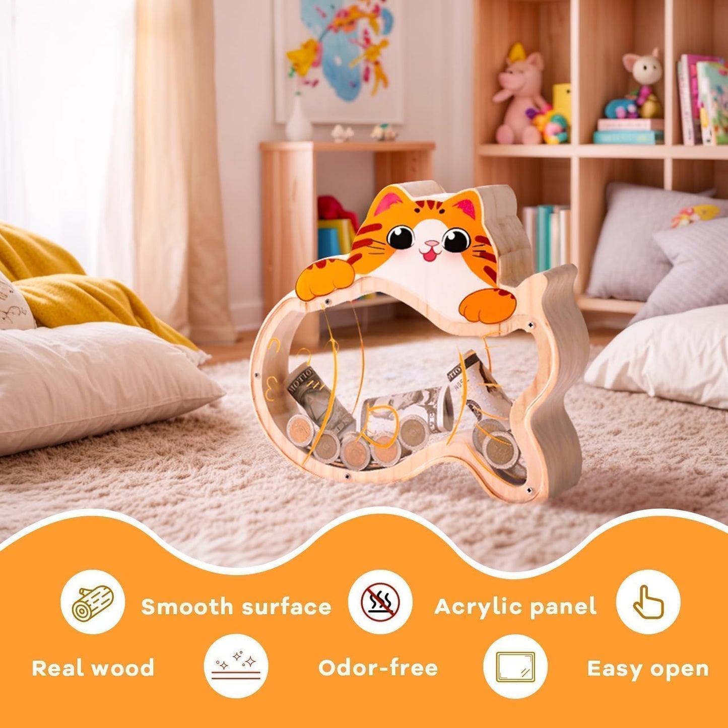 Uniwooder Wooden Cat Piggy Bank for Kids — Durable Money Box with DIY Stickers