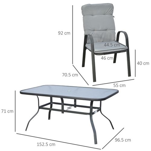 Outsunny 7 PCs Garden Dining Set, Glass Table w/ Umbrella Hole & Cushion, Black