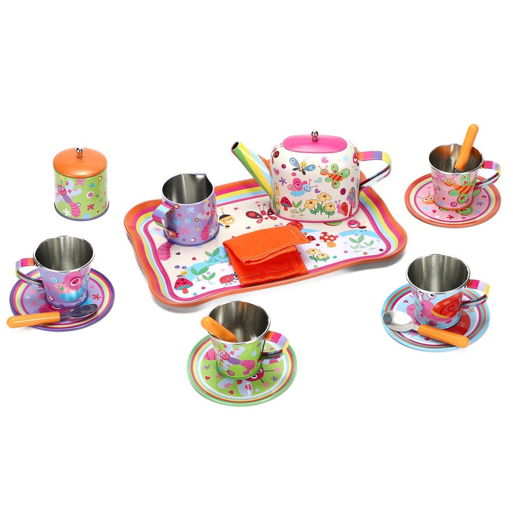 SOKA Bug Tin Tea Set - 18pc Kids Toy Tea Party Set with Colorful Illustrations - Includes Matching Car