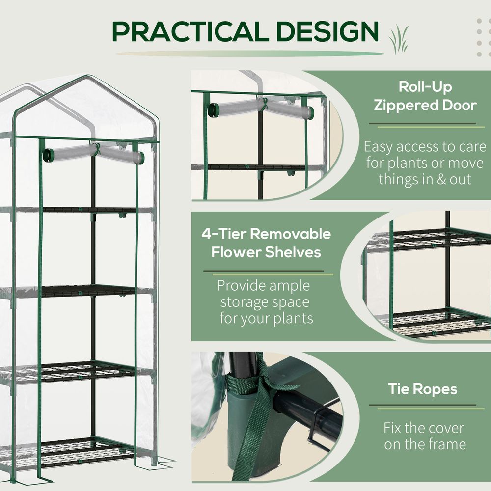 Outsunny 4 Tiers Mini Portable Greenhouse Compact Plant Grow Shed Metal Frame PE Cover 160H x 70L x 50Wcm