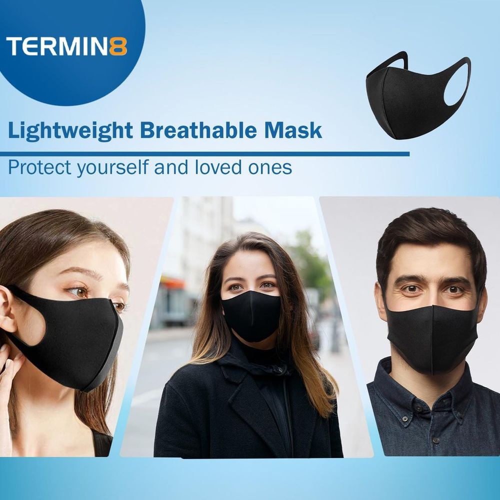 Termin8 Lightweight Breathable Reusable Face Mask for Adults, Machine Washable (Black)