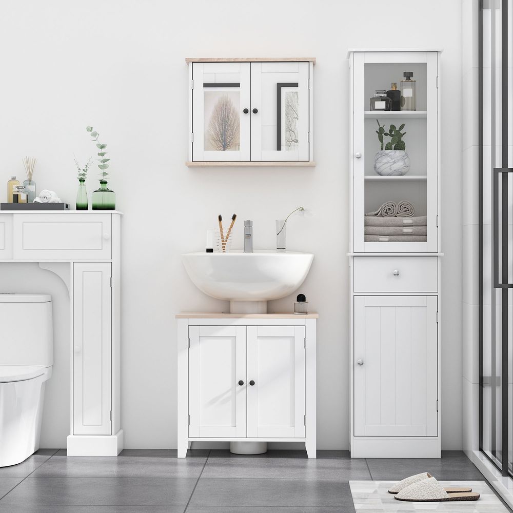 Bathroom Storage Cabinet: 3-tier Shelf, Glass Door, White