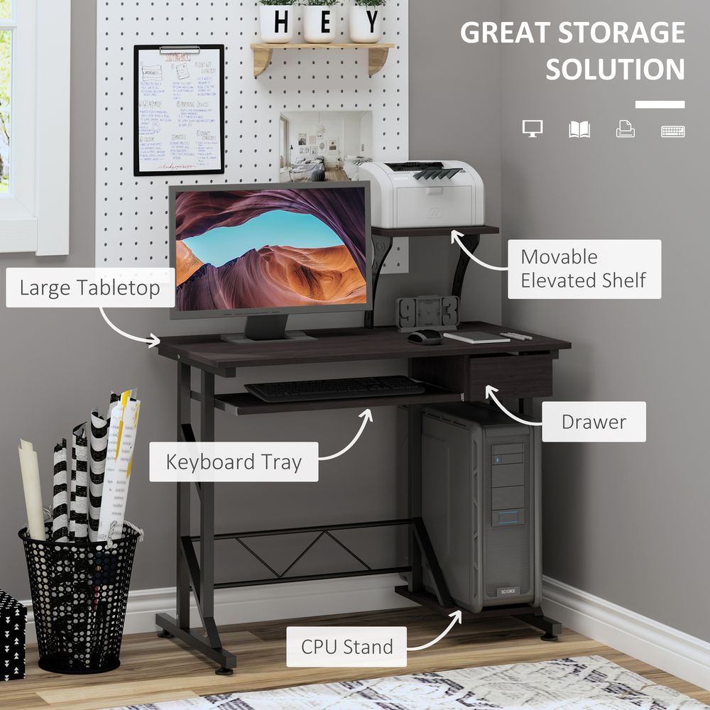 HOMCOM Computer Desk with Display Stand, Sliding Keyboard Tray Drawer and Host Box Shelf Home Office Workstation Dark Brown