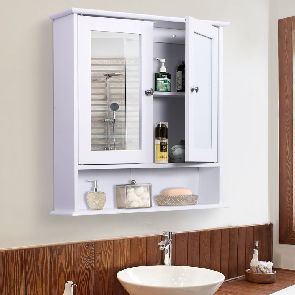kleankin Wall-mounted Cabinet Mirror Door Bathroom Organiser Living Room White