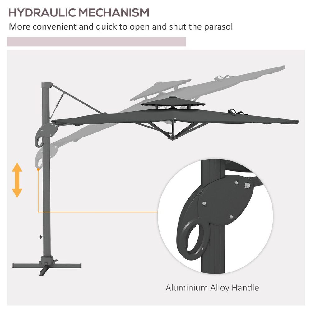 Outsunny 3m Cantilever Parasol Patio Umbrella, Hydraulic Mechanism, Dual Top - Grey