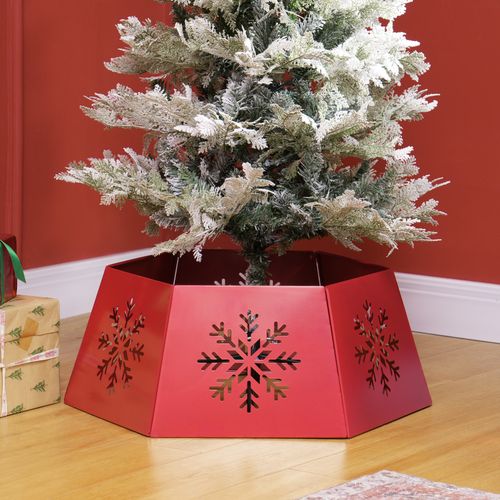 HOMCOM Hexagon Christmas Tree Base Cover with Hollow Snowflake Patterns Red