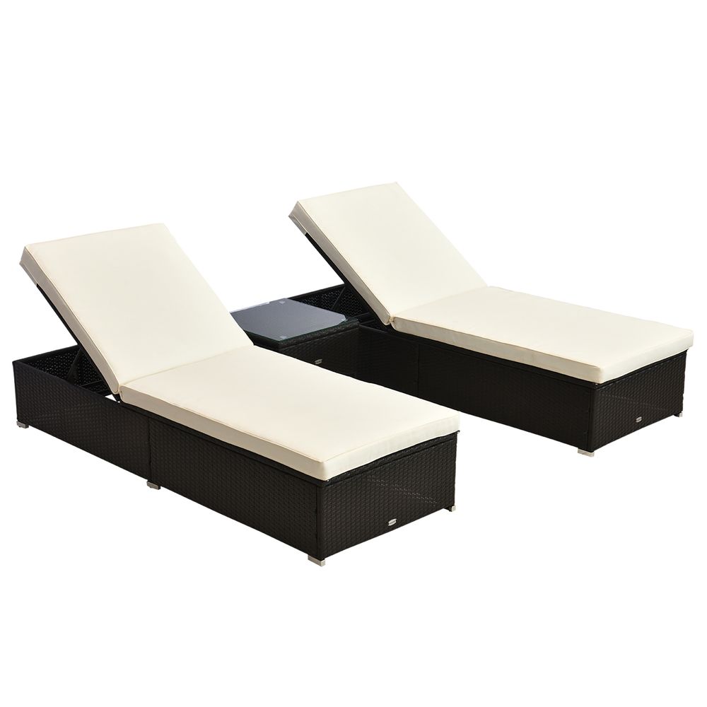 Premium Rattan Lounger Set - 3 PCS Reclining Chairs and Table - Deep Coffee/Cream White