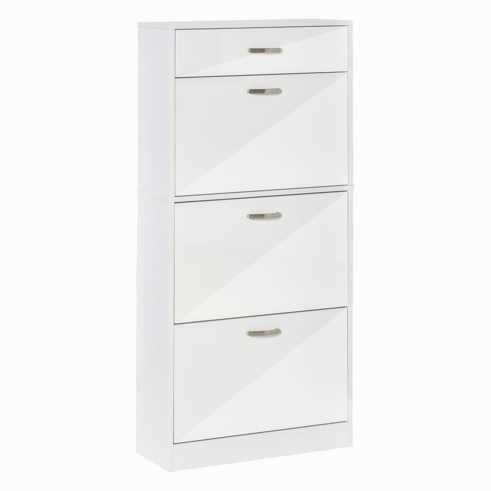 4 Drawer Shoe Cabinet with Flip Doors Shelves - 18 Pair Storage - White