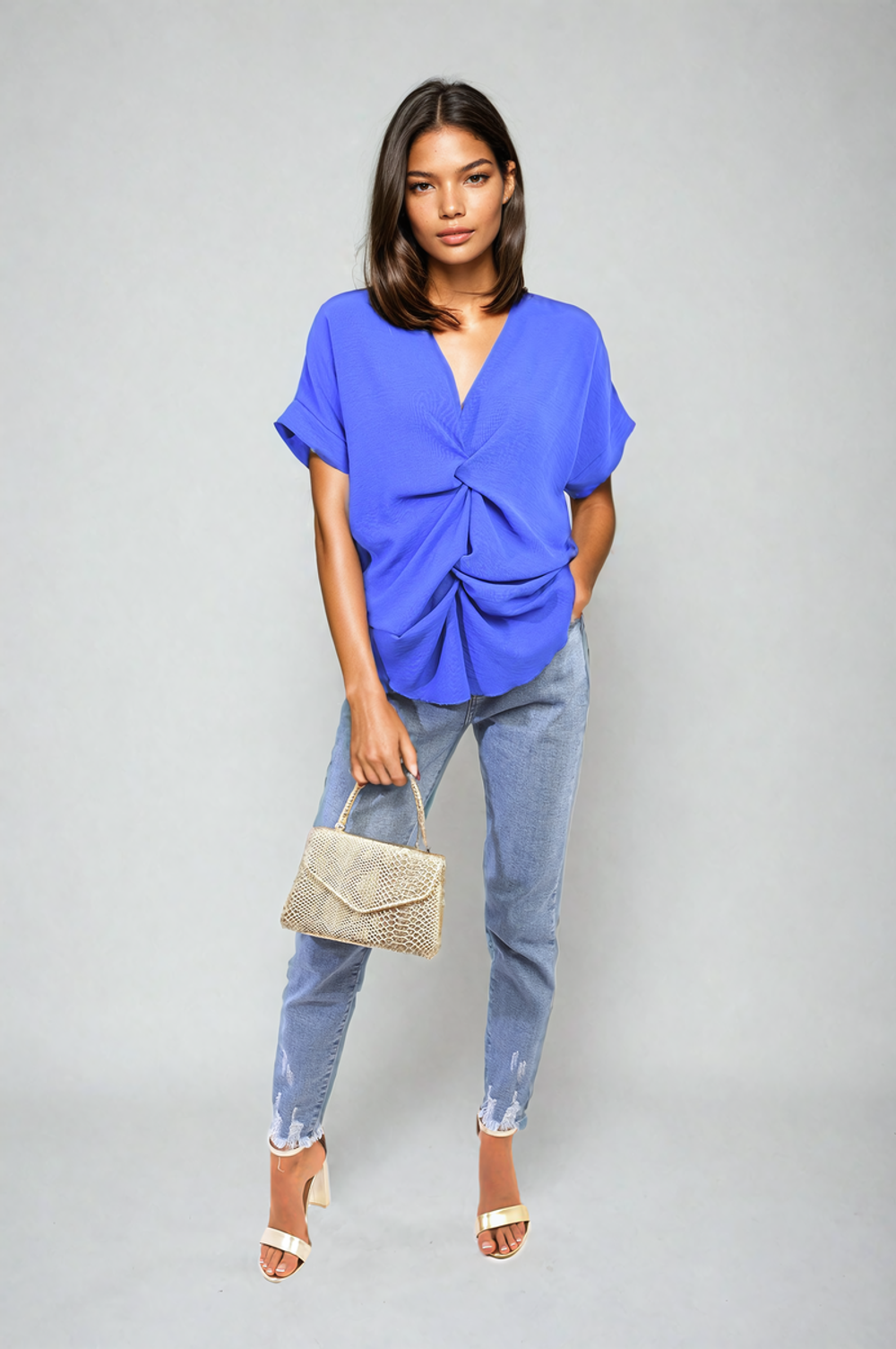 Effortlessly Chic V-Neck Twist Front Top: Perfect for Casual or Formal Settings, Comfortable Fit, Versatile Style