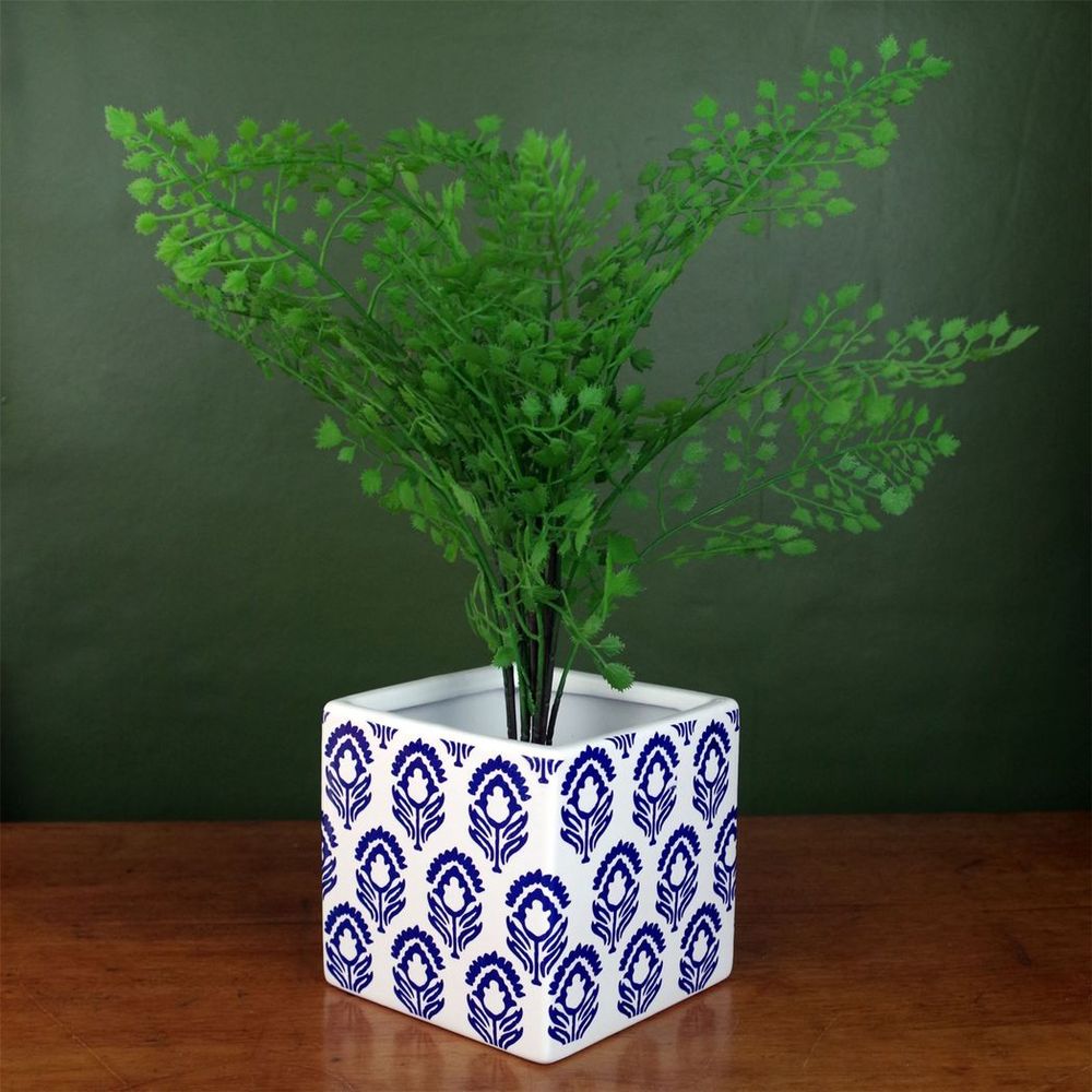 Botanik Ceramic Cube Planter - Blue & White Print - 12cm x 12cm