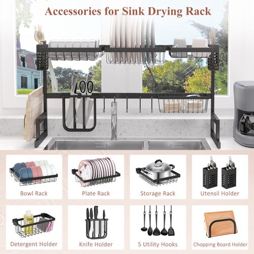 HOMCOM Over The Sink Dish Drainer Rack, 2 Tier Dish Rack for Kitchen, Black