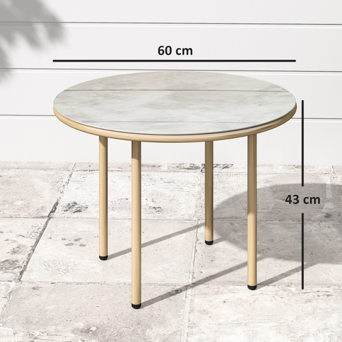 Outsunny Round Small Garden Table with Faux Marble Glass Top, Beige