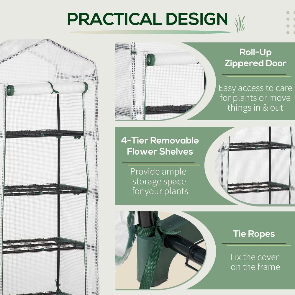 4 Tier Mini Greenhouse, Portable with Steel Frame, PE Cover, 160x69x50cm