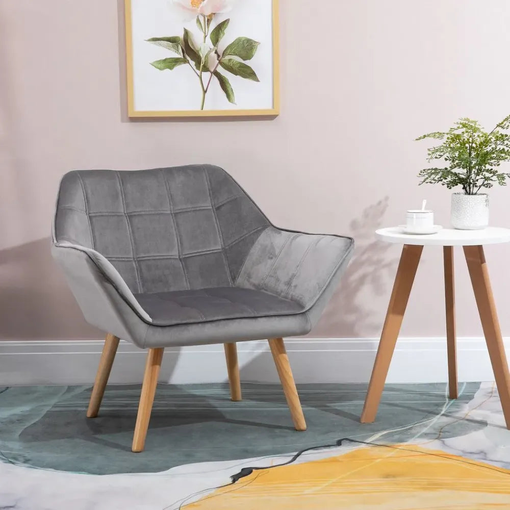 Luxe Velvet-Feel Accent Chair w/ Wide Arms Slanted Back Padding Wood Legs Grey