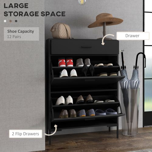 HOMCOM 3-Drawer Shoe Cabinet with Adjustable Shelf for 12 Pairs of Shoes, Narrow Shoe Storage Cabinet with 2 Flip Doors for Hallway, Entryway, Black