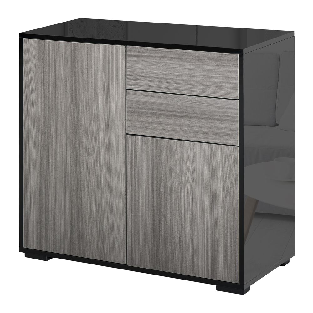 HOMCOM High Gloss Frame Sideboard, Side Cabinet, Push-Open Design with 2 Drawer for Living Room, Bedroom, Light Grey and Black