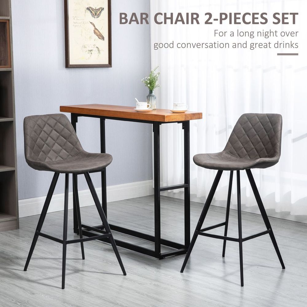 Set Of 2 Bar Stools Vintage PU Leather Tub Seats Padded w/ Steel Frame Dark Grey