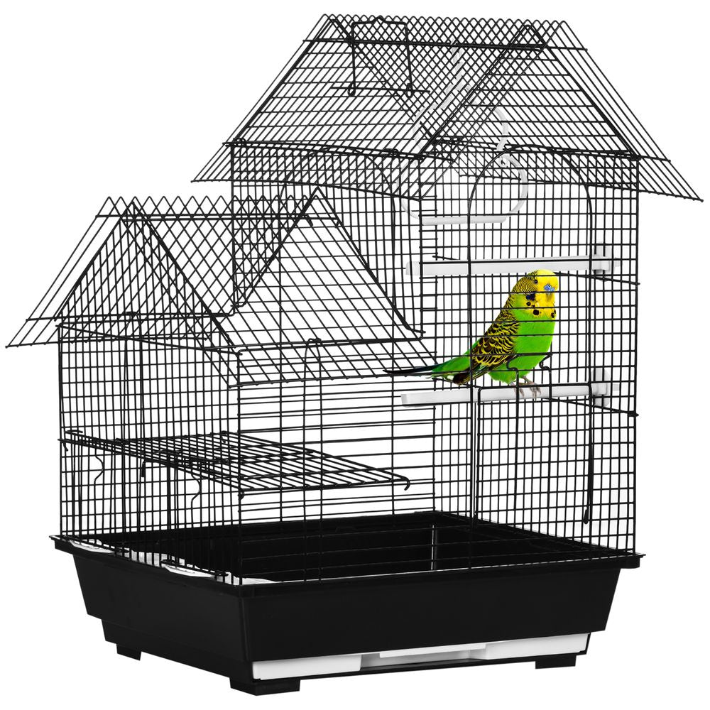Premium Metal Bird Cage - Plastic Perch, Food Container, Swing Ring, Handle - Black