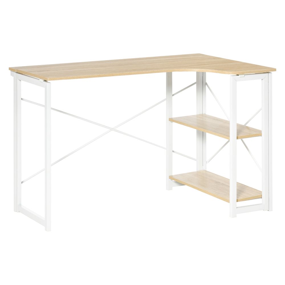 HOMCOM Folding Desk, L Shaped Desk, Corner Computer Desk with 2-Tier Storage Shelf for Home Office, Study Room, Workstation, Easy Assembly, 120 x 72.5 x 76.5cm, Oak Tone