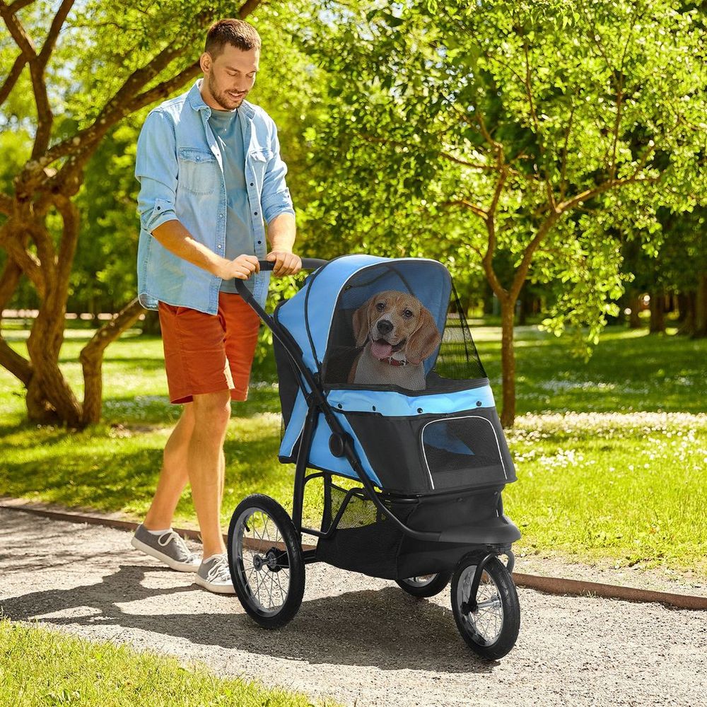 PawHut 3 Wheel Pet Stroller - Blue | Foldable Cat Pram + Soft Mat | Medium Small Dogs | All Terrains
