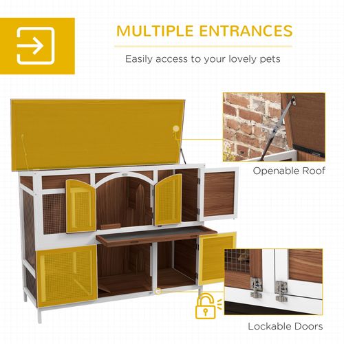 PawHut Two-Tier Wooden Rabbit Hutch w/ Openable Roof, Slide-Out Tray, Ramp