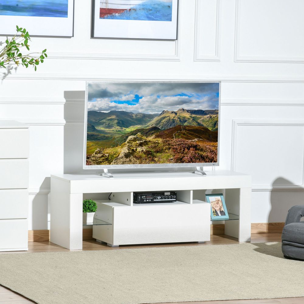 HOMCOM High Gloss TV Stand Cabinet with LED RGB Lights and Remote Control for 43"/50"/55" TV, Media TV Console Table with Storage Compartment, White