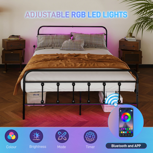 HOMCOM Double Bed Frame with LED Lights and Charging Station, Black