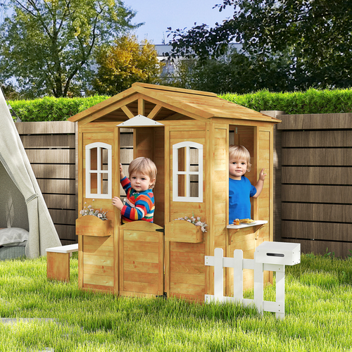Outsunny Wooden Outdoor Playhouse w/ Door Windows Bench for Kids Children
