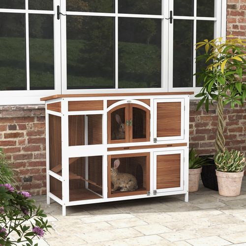 PawHut Two-Tier Wooden Rabbit Hutch w/ Openable Roof, Slide-Out Tray, Ramp