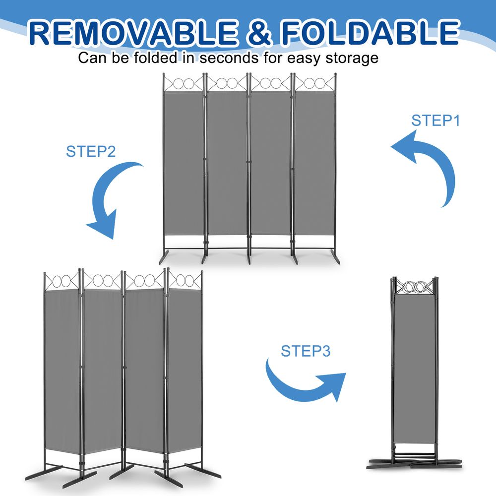5.74FT 4-Fold Top With Shape 130g Polyester Cloth Plastic Feet Carbon Steel Frame Foldable Screen Gray