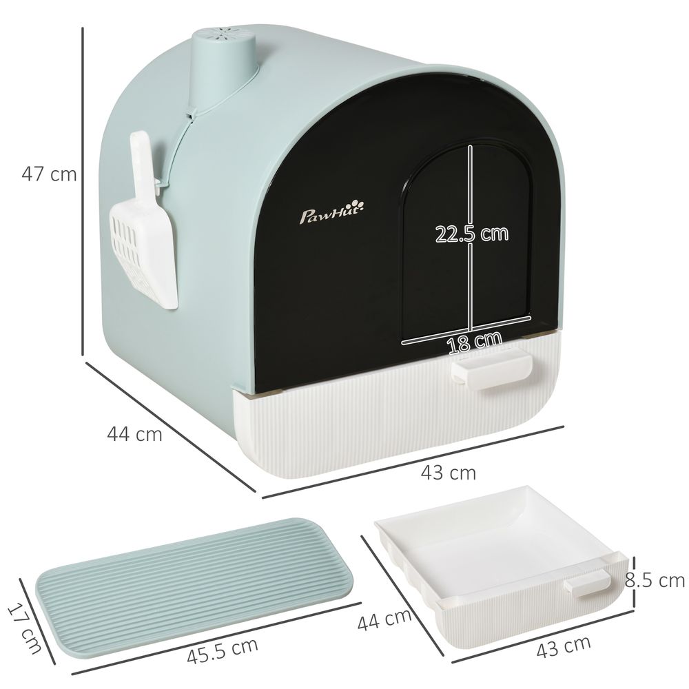 PawHut Cat Litter Box Kitten Litter Tray w/Hood, Scoop, Filter, Flap Door, 43 x 44 x 47cm - Green