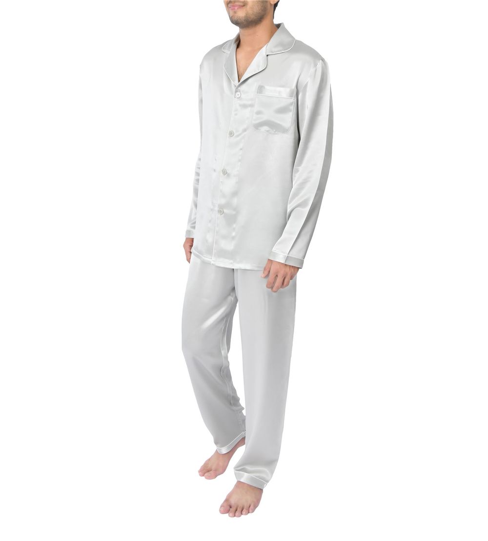 SILK PJS LONG SET MENS SMALL SILVER Pyjamas
