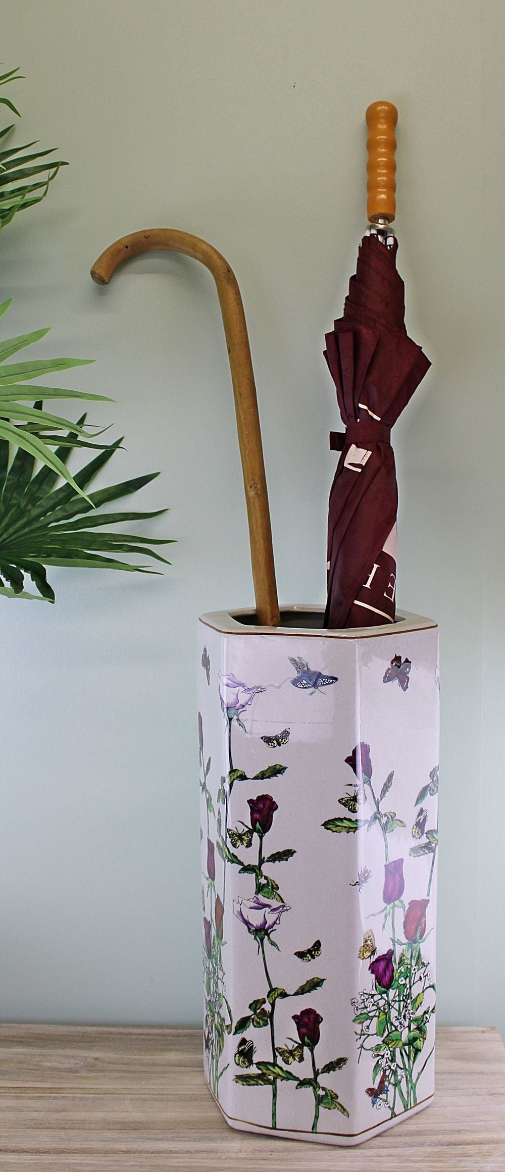 Ceramic Hexagonal Umbrella Stand - Butterfly Design - High Quality