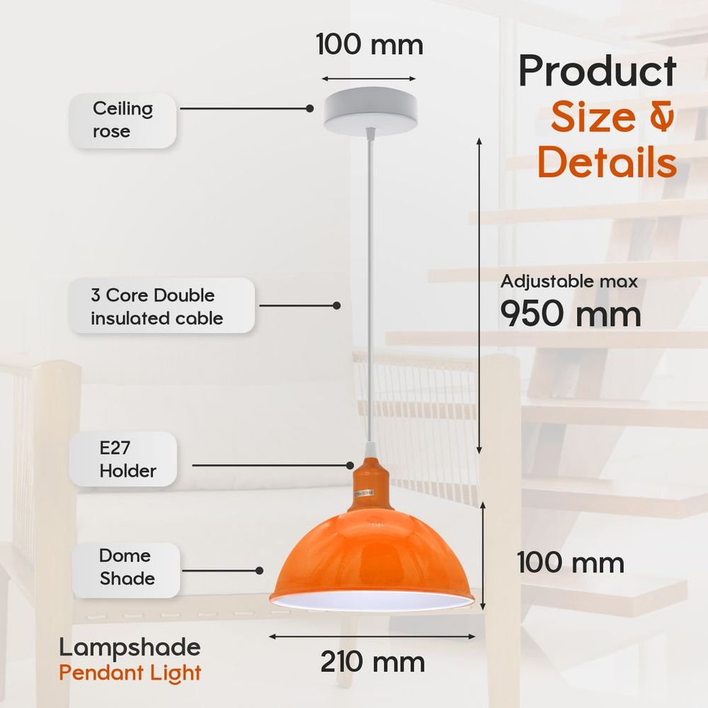 2Pack Dome Shaped Orange Loft Style Sturdy Metal Lamp Shade Pendant Lights 21cm Bottom Spray Painted Finish Inner White
